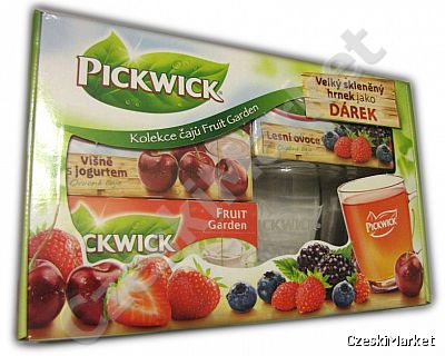 Zestaw Pickwick - szklanka/kubek + trzy pudełka owocowych herbatek - w eleganckim opakowaniu
