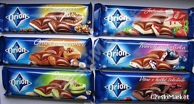 Zestaw sześciu dużych czekolad Orion - 6 smaków - karmel, borówka, orzech, truskawka, wiśnia, pistacja