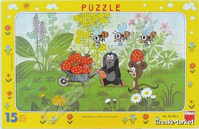 Puzzle Krecik i myszka i truskawki taczka w twardej ramce 15 elem cm wiek 3+ ramka ogród