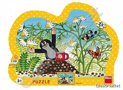 Puzzle Krecik z czerwonym kubkiem na kopcu, łąka, wiosna w twardej ramce 25 elem ramka