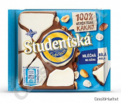 Studentska mleczno i biała czekolada - orzechy, galaretka, rodzynki 90 g KWADRAT