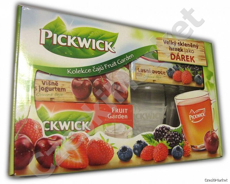 Zestaw Pickwick - szklanka/kubek + trzy pudełka owocowych herbatek