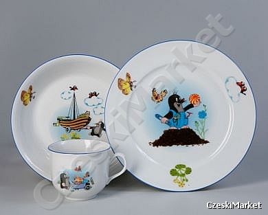 Łódka i piłka Porcelanowy zestaw dla dzieci Krecik - talerz głęboki, płytki oraz kubek