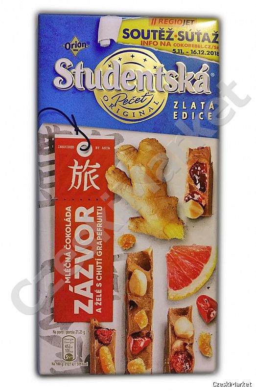 Czekolada Studentska mleczna Azja Imbir i galaretka o smaku Grejfruta - 170 g - złota edycja