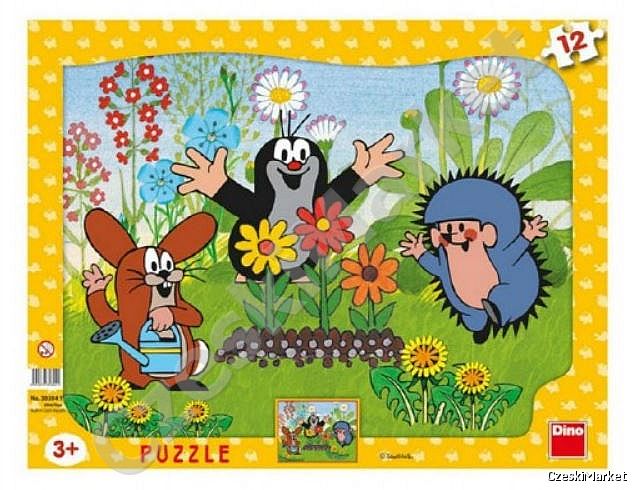 Puzzle Krecik praca w ogrodzie konewka, zajączek, jeżyk, sadzenie kwiatów w twardej ramce 12 elem ramka