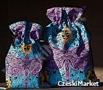 Piękny materiałowy worek prezentowy 30/45 cm - fioletowa ważka, niebieskie tło, złote słońce