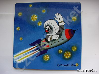 WYPRZEDAŻ obrazek na ścianę/meble, podkładka korkowa Krecik astronauta kosmos, rakieta 25 cm niebo i gwiazdy