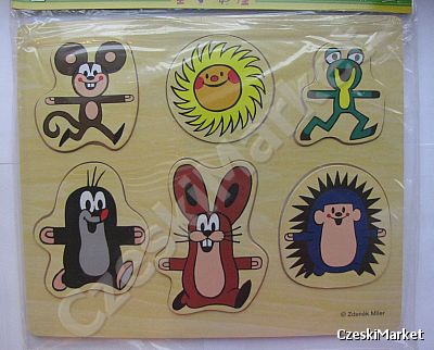 Drewniana zabawka, układanka - Krecik i Przyjaciele (myszka, jeżyk, zajączek, żabka, słoneczko)