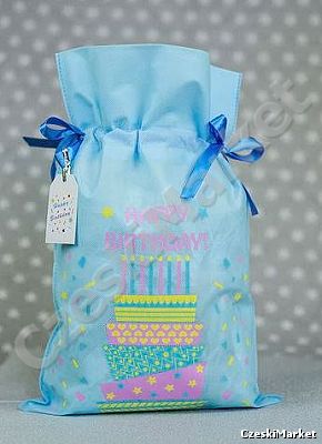 Piękny materiałowy worek upominkowy 30/45 cm + bilecik - urodziny, tort, happy birthday