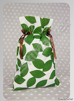Piękny materiałowy worek upominkowy 20/30 cm + bilecik - zielone listki