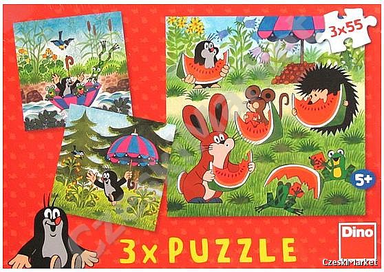 Puzzle Krecik 3 w 1 - arbuz, rzeka, z parasolem 3 x 55 elementów