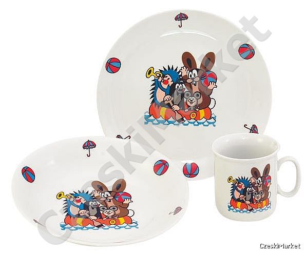 Porcelanowy zestaw dla dzieci Krecik - talerz głęboki, płytki oraz kubek