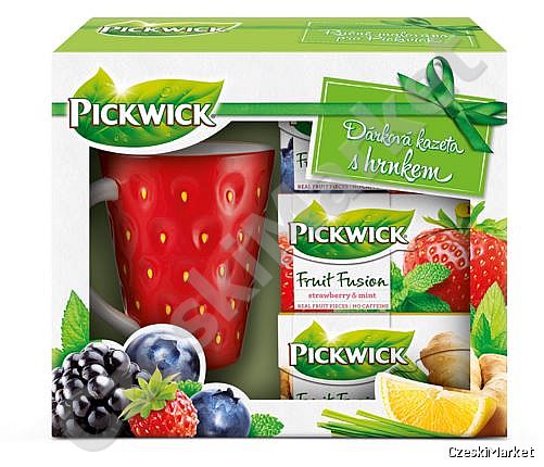 Zestaw Pickwick - kubek "truskawka" + trzy pudełka różnych herbatek - w eleganckim opakowaniu