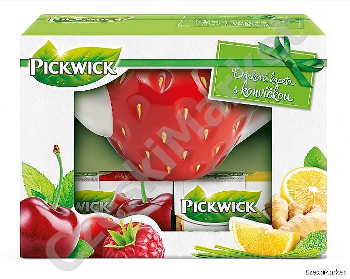 Zestaw Pickwick - czajnik "truskawka" + trzy pudełka owocowych herbatek - w pudełku