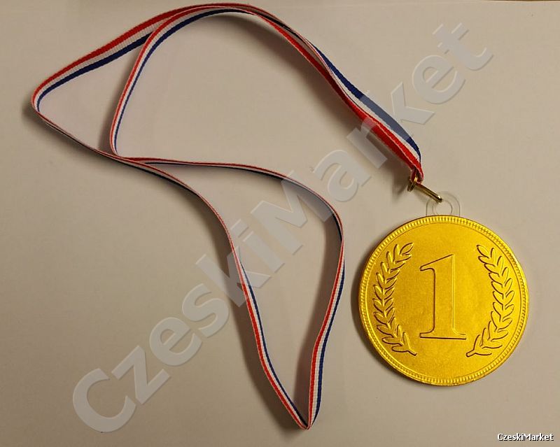 Duży medal czekoladowy 7,5 cm ze wstążką - pierwsze miejsce, I nagroda (zawody, dobre zachowanie, oceny)