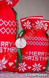 Piękny materiałowy worek prezentowy 40/56 cm + bilecik - czerwona poinsenttia świąteczny