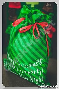 Piękny materiałowy worek prezentowy 40/56 cm + bilecik - zielone paski świąteczny