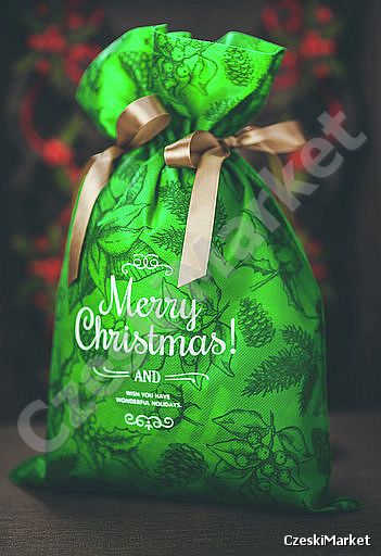 Piękny materiałowy worek prezentowy 20/30 cm + bilecik - zielony Merry Christmas świąteczne motywy