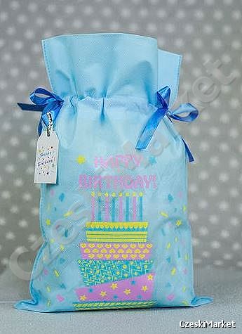 Piękny materiałowy worek prezentowy 30/45 cm + bilecik - urodziny, tort, happy birthday torebka