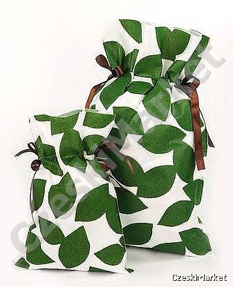 Piękny materiałowy worek prezentowy 20/30 cm + bilecik - zielone listki