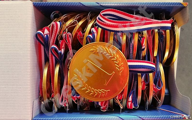 Taniej Pudełko 24 x Duży medal czekoladowy 7,5 cm ze wstążką - pierwsze miejsce, I miejsce