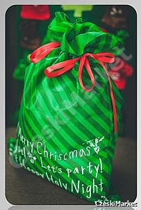 Piękny materiałowy worek prezentowy 20/30 cm + bilecik - zielone paski świąteczny