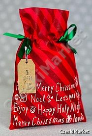 Piękny materiałowy worek prezentowy 20/30 cm + bilecik - czerwone paski świąteczny