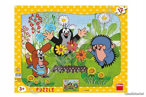 Puzzle Krecik Ogrodnik w ogrodzie w twardej ramce 12 elementów ramka 36x28cm